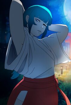 absurdres baggy_clothes blue_eyes blue_hair hairband highres hime_cut japanese_clothes miko moon night one_eye_closed original purple_eyes sailant torii ura_(sailant)