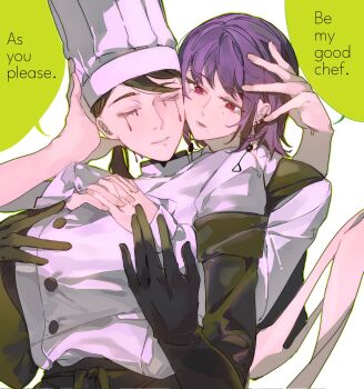 1girl 2girls black_hair blood blood_drip bloody_tears chainsaw_man chef_hat collared_shirt dress earrings falling_devil_(chainsaw_man) fami_(chainsaw_man) flat_top_chef_hat fourth_east_high_school_uniform gloves hat highres holding_detached_head jewelry long_arms long_hair long_sleeves mole mole_under_eye multiple_girls multiple_moles pinafore_dress ringed_eyes school_uniform severed_head shirt short_hair sleeveless sleeveless_dress yijiao_wuran yuri