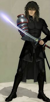 1boy absurdres ai-assisted albel_nox alternate_costume armor clawed_gauntlets full_body gauntlets gradient_hair highres holding holding_sword holding_weapon ish33r multicolored_hair muscular muscular_male shoulder_armor single_gauntlet smirk solo star_ocean star_ocean:_till_the_end_of_time sword weapon