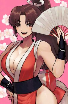 1girl absurdres bare_shoulders blunt_ends breasts bridal_gauntlets brown_eyes brown_hair cherry_blossoms cleavage commentary_request cowboy_shot fatal_fury floral_background folding_fan hair_ribbon hand_fan hand_on_own_hip highres holding holding_fan large_breasts long_hair looking_at_viewer motoyui open_mouth parted_bangs pelvic_curtain pink_background plunging_neckline ponytail revealing_clothes ribbon ryo_yo_shi shiranui_mai sideboob sidelocks smile solo street_fighter street_fighter_6 teeth upper_teeth_only