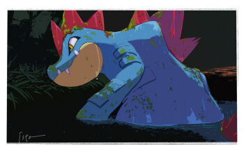 black_background border claws closed_mouth commentary crocodilian fangs fangs_out feraligatr gen_2_pokemon isutai looking_to_the_side nintendo no_humans pokemon pokemon_(creature) pokemon_focus sharp_teeth simple_background solo spines standing symbol-only_commentary teeth upper_body water white_border yellow_eyes