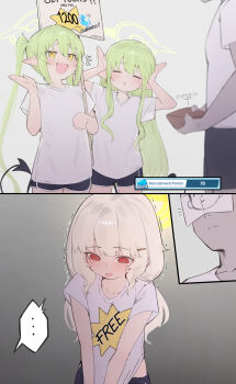 +++ ... 1boy 3girls :d alternate_costume aoba_(blue_archive) black_tail blue_archive blue_shorts blush closed_eyes demon_girl demon_tail dolphin_shorts doodle_sensei_(blue_archive) empty_wallet english_text fang flat_chest gameplay_mechanics gradient_background green_hair green_halo grey_background hair_ornament hairclip halo highres hikari_(blue_archive) holding holding_wallet long_hair low_twintails multiple_girls nozomi_(blue_archive) open_mouth red_eyes sensei_(blue_archive) shirt shirt_tug short_shorts short_sleeves shorts siblings simple_background skin_fang smile speech_bubble spoken_ellipsis sweat tail theflatfacadeds trembling twins twintails very_long_hair wallet white_hair white_shirt yellow_eyes yellow_halo