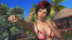 1girl 3d animated audible_music audible_speech beach bikini bouncing_breasts breasts brown_eyes checkered_bikini checkered_clothes clenched_hand dead_or_alive dead_or_alive_5 dead_or_alive_5_last_round english_audio game_screenshot high_heels large_breasts looking_at_viewer lying mila_(doa) palm_tree red_hair sand short_hair sound standing swimsuit tecmo tree video video_game_screencap