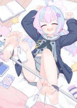 1girl 2others arms_up barefoot black_neckerchief blue_archive blue_coat blue_hair chinese_commentary closed_eyes coat commentary_request cropped_shirt disembodied_hand eugenecolin full_body grey_shirt grey_skirt hair_ornament halo highres holding holding_toothbrush indoors large_variant_set legs_up loli long_sleeves lying midriff_peek miniskirt multiple_others neckerchief on_back open_clothes open_coat open_mouth panties pink_hair pink_halo pleated_skirt reisa_(blue_archive) restrained sailor_collar saliva saliva_trail shirt skirt socks soles spreader_bar star_(symbol) star_hair_ornament star_halo striped_clothes striped_socks stuffed_animal stuffed_toy teddy_bear tickling tickling_feet toes toothbrush twintails underwear unworn_socks variant_set white_panties white_sailor_collar