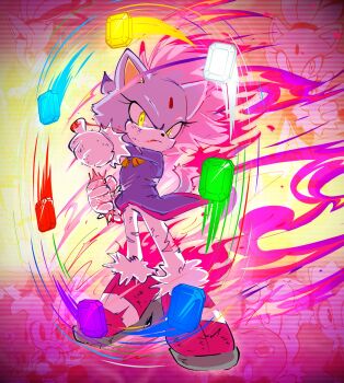 2girls animal_ears blaze_the_cat blood blood_on_hands burning_blaze cat_ears cat_tail cream_the_rabbit fire forehead_jewel frown furry furry_female glowing glowing_eyes gold_necklace gradient_background highres jellot jewelry looking_at_viewer multiple_girls necklace sol_emerald solo_focus sonic_(series) sonic_rush tail transformation yellow_eyes