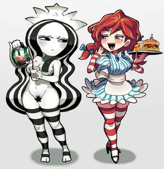 2girls black_eyes black_hair blue_eyes blush bow braid breasts burger censored censored_nipples coffee_pot colored_skin dress fang female_pubic_hair food freckles full_body gashi-gashi hair_bow hair_censor hair_over_breasts highres large_breasts long_hair looking_at_another multicolored_hair multiple_girls navel nude open_mouth pinstripe_pattern plate pouring product_girl pubic_hair red_hair smile star_(symbol) star_censor starbucks starbucks_siren stb-chan striped_clothes striped_dress striped_legwear striped_thighhighs thighhighs twin_braids very_long_hair wavy_hair wendy's wendy_(wendy's) white_background white_hair white_skin