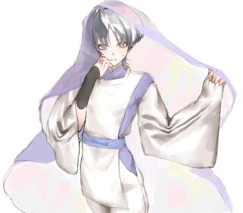 Rule 34 | 1boy, armor, asymmetrical sleeves, blue sash, blunt ends, bright pupils, clothing cutout, cowboy shot, eyeliner, eyeshadow, fingernails, genshin impact, grey hair, hands up, highres, japanese armor, japanese clothes, kariginu, kimono, kote, kurokote, light blush, looking at viewer, makeup, male focus, pants, parted lips, pelvic curtain, pink veil, purple eyes, purple kimono, purple veil, red eyeliner, red eyeshadow, sash, scaramouche (genshin impact), scaramouche (kabukimono) (genshin impact), side cutout, sleeves past wrists, solo, sweatdrop, three-quarter sleeves, two-sided veil, veil, white background, white mouth, white pants, white pupils, white sleeves, wide sleeves, wispy bangs, x makila