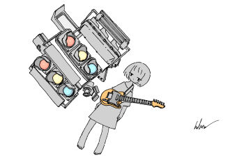 Rule 34 | 1girl, absurdres, arms at sides, barefoot, commentary, electric guitar, full body, greyscale, guitar, highres, instrument, kaduise, looking at viewer, monochrome, original, oversized clothes, oversized shirt, puffy short sleeves, puffy sleeves, shirt, short hair, short sleeves, signature, simple background, solo, spot color, t-shirt, traffic light