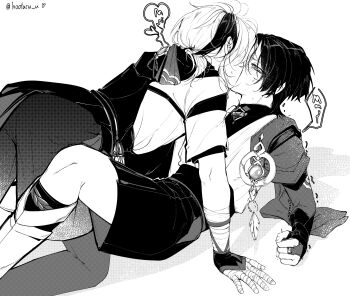 2boys absurdres all_fours arm_support bandaged_fingers bandaged_hand bandages blush clenched_hand commentary english_commentary french_kiss genshin_impact greyscale hat heart highres hootaru_u jingasa kaedehara_kazuha kiss knee_up male_focus middle_ring moaning monochrome multiple_boys on_floor scaramouche_(genshin_impact) short_hair twitter_username wanderer_(genshin_impact)