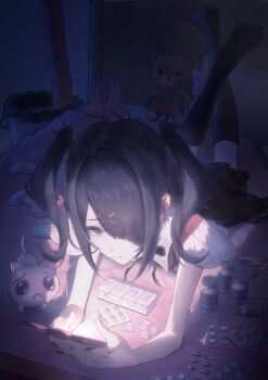 1girl absurdres ame-chan_(needy_girl_overdose) bedroom black_eyes black_hair black_nails black_skirt black_thighhighs blister_pack can cat cellphone crane666 doomscrolling drugs energy_drink hair_ornament hair_over_one_eye highres holding holding_phone indoors jirai_kei long_hair lsd lying marijuana monster_energy multicolored_nails nail_polish needy_girl_overdose on_bed phone pien_cat_(needy_girl_overdose) red_nails red_shirt shin_ramyun shirt skirt solo thighhighs trash_can twintails x_hair_ornament
