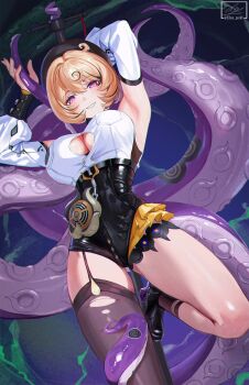 1girl absurdres beret black_shoes black_shorts black_thighhighs blonde_hair breasts cleavage_cutout clothing_cutout commentary elias2art hat high-waist_shorts highres large_breasts monster_girl purple_eyes scylla shirt shoes shorts single_thighhigh smile solo tentacle_girl tentacle_tail tentacles thighhighs thighs torn_clothes torn_thighhighs white_shirt yidhari_murphy zenless_zone_zero