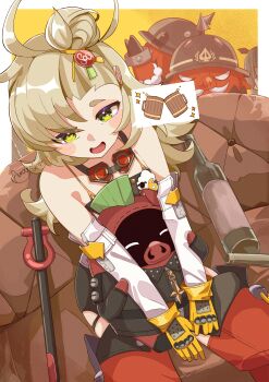 1girl absurdres artist_name bare_shoulders blonde_hair bottle breasts character_request commentary_request dot_nose gloves goggles green_eyes hair_bun hair_ornament highres long_hair looking_at_viewer open_mouth piper_wheel sitting small_breasts speech_bubble umi_1125peinter yellow_gloves zenless_zone_zero