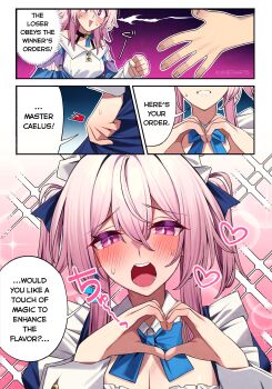 1girl absurdres alternate_costume alternate_hairstyle black_choker blue_bow blush bow breasts choker clenched_teeth clothes_grab commentary earrings embarrassed english_commentary english_text hair_between_eyes hair_ribbon heart heart_hands heta highres honkai:_star_rail honkai_(series) jewelry long_sleeves looking_at_viewer maid maid_headdress march_7th_(honkai:_star_rail) medium_hair moe_moe_kyun! multicolored_eyes open_mouth pink_eyes pink_hair punishment_game ribbon rock_paper_scissors shirt short_twintails skirt_grab speech_bubble teeth twintails twitter_username white_shirt