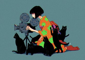1girl animal aqua_background asagiwa_ico black_cat black_hair bob_cut camera cat commentary film_grain film_reel film_strip fingernails floral_print floral_print_kimono from_side highres japanese_clothes kimono movie_camera multiple_cats obi orange_kimono orange_nails orange_socks original print_kimono sash short_hair signature simple_background sitting smile socks solo symbol-only_commentary tripod wariza