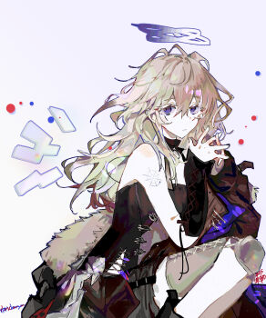 Rule 34 | 1girl, absurdres, arknights, black tank top, blonde hair, blue background, blue halo, coat, coat partially removed, cross-laced clothes, cross-laced legwear, dated, detached wings, energy wings, fur-trimmed coat, fur trim, gradient background, halo, highres, illtenji, interlocked fingers, knee pads, long hair, purple eyes, shorts, signature, single arm guard, single knee pad, solo, tank top, tattoo, thigh armor, vannini (arknights), wings