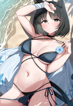 1girl :o absurdres animal_ears arm_up beach black_hair blue_archive breasts bright_pupils cat_ears cat_girl extra_tails flower highres kikyou_(blue_archive) medium_breasts navel ocean panties sand suiroh_(shideoukami) sweat swimsuit tail underwear water white_pupils