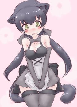 1girl adapted_costume alternate_costume animal_ears apron back_bow bare_shoulders black_bow black_bowtie black_hair black_leopard_(kemono_friends) black_thighhighs blush bow bowtie cowboy_shot detached_collar dress elbow_gloves enmaided frilled_apron frills gloves green_eyes grey_apron grey_dress grey_gloves hair_between_eyes hair_bow highres japari_symbol k_(susiinochi24) kemono_friends leopard_ears leopard_girl leopard_tail long_hair maid sidelocks sleeveless solo tail thighhighs twintails zettai_ryouiki