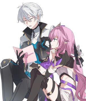 1boy 1girl absurdres artist_request black_boots black_gloves black_pants black_shorts boots breasts chinese_commentary coat commentary_request commission corset elf elysia_(honkai_impact) elysia_(miss_pink_elf)_(honkai_impact) gloves highres holding honkai_(series) honkai_impact_3rd kevin_kaslana long_hair medium_breasts pants pink_hair pointy_ears purple_eyes second-party_source short_hair shorts simple_background single_glove sitting smile very_long_hair white_background white_coat white_corset white_hair