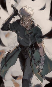 1boy absurdres bandaged_arm bandages bead_necklace beads coat feet_out_of_frame geshu_lin_(wuthering_waves) green_coat highres holding holding_sword holding_weapon jewelry logicsterrr male_focus muscular muscular_male necklace scar scar_on_face scar_on_mouth serious sheath short_hair solo stitched_neck stitches sword unsheathing walking walking_towards_viewer weapon weapon_on_back white_hair wuthering_waves