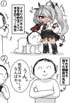 +++ 1girl 3boys ^^^ all_fours armband arrow_(symbol) black_boots black_gloves black_necktie black_ribbon black_skirt black_socks blue_archive bolt_action boots cellphone chibi closed_eyes closed_mouth collared_shirt commentary_request dark-skinned_female dark_skin doodle_sensei_(blue_archive) gloves grey_hair gun hair_over_one_eye hair_ribbon halo high_heel_boots high_heels highres holding holding_gun holding_phone holding_weapon iori_(blue_archive) lace-up_boots licking long_hair long_sleeves mauser_98 multiple_boys necktie open_mouth phone pleated_skirt pointy_ears puffy_long_sleeves puffy_sleeves red_eyes ribbon rifle sensei_(blue_archive) shadow shirt skirt small_sweatdrop socks standing sweat taking_picture tomimon tongue tongue_out translation_request twintails very_long_hair weapon white_background white_shirt