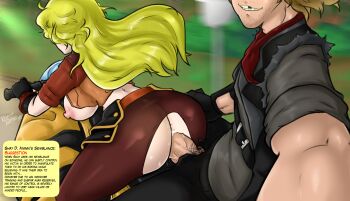 1boy 1girl anus ass bad_end blonde_hair breasts breasts_out clothed_sex english_text huge_ass huge_breasts long_hair looking_at_viewer looking_back male_pubic_hair mind_control motor_vehicle nayaase_beleguii netorare nipples penis pubic_hair rwby sex sex_from_behind shay_d._mann smile speech_bubble torn_clothes vaginal veins veiny_penis yang_xiao_long
