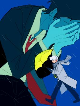 Rule 34 | 2boys, adachi tooru, black jacket, black pants, blue background, coat, collared shirt, covering own face, grey coat, grey scarf, highres, holding, holding umbrella, jacket, male focus, multiple boys, narukami yu, necktie, pants, persona, persona 4, rain, red necktie, scarf, shirt, umbrella, walking, white shirt, xinjinjumin097703276459