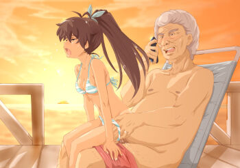 1boy 1girl age_difference bad_id bad_pixiv_id bandai_namco bikini bikini_pull breasts brown_hair cheating_(relationship) cleavage clothes_pull fang fat fat_man ganaha_hibiki grey_hair hetero idolmaster idolmaster_(classic) jewelry kosokosomaru_(higashi_taishi) netorare old old_man older_male_and_younger_female one-piece_swimsuit_pull open_mouth penis petite phone ponytail ring sex small_breasts strap_gap striped_bikini striped_clothes sunset swimsuit talking_on_phone tan tanline uncensored vaginal wince