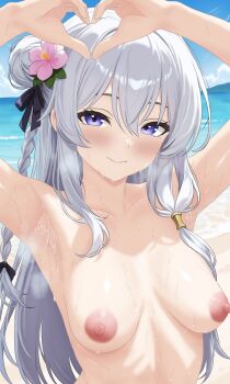 1girl absurdres armpits arms_up beach blush braid breasts breasts_apart choppy_bangs closed_mouth collarbone commentary crossed_bangs day elaina_(majo_no_tabitabi) english_commentary grey_hair hair_between_eyes hair_bun heart heart_hands highres lewd_chan long_bangs long_hair looking_at_viewer majo_no_tabitabi medium_breasts nipples nude nudist outdoors purple_eyes solo steam steaming_body sweat swimsuit upper_body variant_set