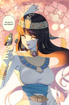 Rule 34 | 2girls, :d, absurdres, ancient egyptian clothes, bare shoulders, blank eyes, breasts, brown hair, character request, closed mouth, commentary, dress, english text, grace (identity v), hand up, highres, identity v, lamia, long hair, medium breasts, mini person, minigirl, monster girl, multiple girls, open mouth, red lips, smile, tempy (rinsia), untranslatable commentary, usekh collar, very long hair, white dress