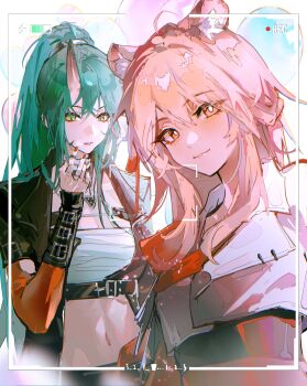 2girls absurdres animal_ears arknights battery_indicator black_jacket chest_belt chinese_commentary commentary crop_top facial_scar gravel_(arknights) green_eyes hair_between_eyes head_tilt high_ponytail highres horns hoshiguma_(arknights) jacket linea_alba looking_at_viewer looking_down midriff multiple_girls nail_polish navel open_clothes open_jacket pink_eyes pink_hair ponytail recording red_nails scar scar_on_cheek scar_on_face short_sleeves sia_di_gou single_horn smile triangle_necklace underbust user_interface viewfinder white_jacket yellow_eyes