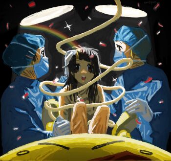 3others alternate_costume animegao black_background black_hair brown_eyes caesarean_section commentary confetti cosplay english_commentary floating floating_object giving_birth gloves hand_on_another's_head highres kigurumi long_hair looking_at_another looking_at_viewer m000oomin mask mouth_mask multiple_others nazono_mito nijisanji open_mouth simple_background smile sparkle surgeon surgical_cap medical_scrubs surgical_light surgical_mask surreal tsukino_mito umbilical_cord virtual_youtuber white_gloves wig