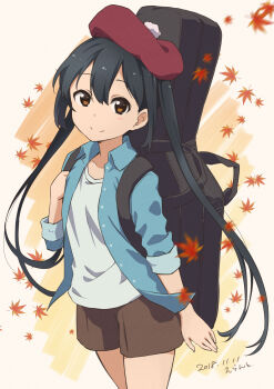 1girl absurdres autumn_leaves black_hair brown_eyes cowboy_shot dated errant female_focus hat highres instrument_case k-on! leaf long_hair looking_at_viewer motion_blur nakano_azusa shorts signature simple_background smile solo twintails