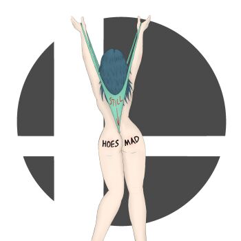 Rule 34 | 1girl, blue hair, body writing, female byleth (fire emblem), female focus, fire emblem, fire emblem: three houses, from behind, highres, legs, long hair, nintendo, panties, smash ball, solo, super smash bros., super smash bros. logo, thighs, thong, topless female, underwear, wedgie