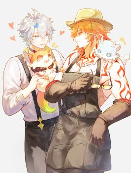 2boys absurdres antenna_hair arm_tattoo black_choker black_gloves black_overalls blonde_hair blue_eyes braid chest_tattoo chimera_(honkai:_star_rail) chinese_commentary choker collared_shirt commentary_request facial_tattoo fuyunlark15430 gloves gradient_hair highres holding holding_removed_eyewear honkai:_star_rail honkai_(series) male_focus medium_hair multicolored_hair multiple_boys mydei_(chimerric_park)_(honkai:_star_rail) mydei_(fig_stew)_(honkai:_star_rail) mydei_(honkai:_star_rail) official_alternate_costume overalls parted_bangs phainon_(honkai:_star_rail) phainon_(vigethos)_(honkai:_star_rail) red_hair red_tattoo shirt short_hair side_braid tank_top tattoo unworn_eyewear white_hair white_shirt white_tank_top yellow_eyes