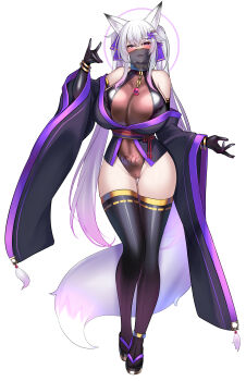 Rule 34 | 1girl, absurdres, animal ears, bare shoulders, black sleeves, black veil, blush, breasts, collar, corruption, detached sleeves, elbow gloves, fox ears, fox shadow puppet, fox tail, gloves, hair ornament, highleg, highleg leotard, highres, huge breasts, kutan, leotard, long hair, looking at viewer, mizuki (kutan), mouth veil, naughty face, original, pinwheel, pinwheel hair ornament, pubic tattoo, purple eyes, seductive smile, see-through clothes, see-through leotard, see-through veil, smile, solo, tail, tattoo, thighhighs, veil, very long hair, white hair, wide hips, wide sleeves, wrist cuffs