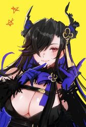 Rule 34 | 1girl, alternate costume, alternate hairstyle, asymmetrical horns, black hair, blue hair, breasts, cleavage, colored inner hair, demon horns, hair ornament, hair over one eye, highres, hololive, hololive english, horns, large breasts, long hair, looking at viewer, mole, mole under eye, multicolored hair, nerissa ravencroft, red eyes, rugi rugi, sketch, smile, two-tone hair, upper body, virtual youtuber