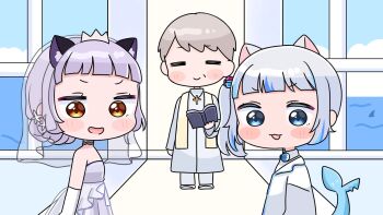 Rule 34 | 1boy, 2girls, = =, blue bow, blue bowtie, blue eyes, blue hair, blue sky, blush stickers, book, bow, bowtie, bride, brown eyes, brown hair, chibi, closed eyes, closed mouth, cloud, collared shirt, cross, day, dress, elbow gloves, fins, fish tail, gawr gura, gloves, grey dress, grey hair, groom, highres, holding, holding book, hololive, hololive english, indoors, jacket, looking at viewer, looking to the side, mochimiko, multicolored hair, multiple girls, murasaki shion, open book, priest, robe, shark fin, shark tail, shirt, side ponytail, sky, strapless, strapless dress, streaked hair, tail, veil, virtual youtuber, wedding dress, white gloves, white jacket, white robe, white shirt, window