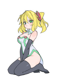 1girl absurdres between_legs black_gloves blonde_hair blush breasts cleavage covering_crotch covering_privates detached_collar elbow_gloves from_side gloves green_eyes hacka_doll hacka_doll_1 hand_between_legs highres kokaki_mumose light_frown looking_at_viewer looking_to_the_side medium_breasts no_shoes pelvic_curtain seiza side_slit simple_background sitting small_sweatdrop solo twintails white_background