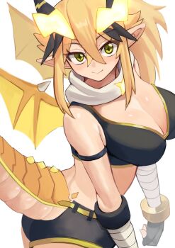 Rule 34 | 1girl, borrowed character, breasts, cleavage, crossed bangs, dragon girl, dragon horns, dragon tail, dragon wings, fingerless gloves, gloves, hair ornament, hashtag-only commentary, highres, horns, large breasts, lightning bolt, lightning bolt hair ornament, lightning bolt symbol, long pointy ears, michibata anko, pointy ears, raisei no ryuu tsukai, ribbed tank top, san-chan, simple background, sports bra, tail, taped arms, white background, wings, yellow eyes