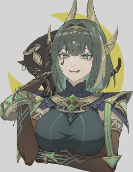 1girl ancient_egyptian_clothes animal animal_on_shoulder armlet ashru_(genshin_impact) black_cat breasts cat cat_on_shoulder cat_tail claw_ring claws crescent_moon elbow_gloves eye_tattoo fake_claws fukaba_yoh gem genshin_impact gloves green_eyes green_gemstone green_hair green_streaks hair_ornament headpiece highres jewelry large_breasts looking_at_viewer mark_under_eye medium_hair mole mole_under_eye moon nefer_(genshin_impact) simple_background smile solo symbol-shaped_pupils tail tattoo triangle-shaped_pupils usekh_collar whiskers white_background