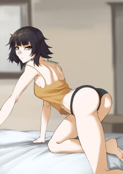 1girl all_fours artist_name ass bare_shoulders barefoot bed bedroom black_hair black_panties bleach breasts closed_mouth female_focus highres indoors looking_at_viewer looking_back medium_hair panties pastepiphany small_breasts sui-feng underwear