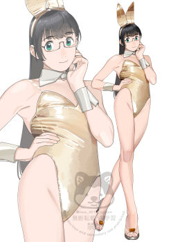 1girl absurdres alternate_costume animal_ear_hairband animal_ears black_hair breasts cowboy_shot detached_collar fake_animal_ears full_body glasses gold_leotard green_eyes hairband hand_in_pocket highres kantai_collection leotard long_hair ojipon ooyodo_(kancolle) open-toe_shoes playboy_bunny rabbit_ears rabbit_tail simple_background small_breasts solo strapless strapless_leotard tail watermark white_background wrist_cuffs zoom_layer