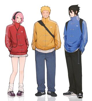 1girl 2boys artist_name backpack bag black_bag black_eyes black_hair black_pants black_shoes blonde_hair blue_jacket blue_pants casual closed_eyes facial_mark full_body green_eyes grin hair_between_eyes hands_in_pockets hashtag-only_commentary headphones highres jacket light_smile loose_socks miniskirt multiple_boys naruto_(series) pants red_jacket shoes short_hair shoulder_bag skirt smile sneakers socks spiked_hair standing swept_bangs teeth tenartistt track_jacket whisker_markings white_background white_skirt white_socks yellow_jacket