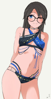 1girl :3 absurdres arms_behind_back bikini black-framed_eyewear black_bikini blue_bikini blue_eyes choker collarbone commentary_request dated glasses grey_hair highres idolmaster idolmaster_shiny_colors long_hair looking_at_viewer mitsumine_yuika multicolored_bikini navel signature simple_background solo swimsuit two-tone_bikini white_background ywr