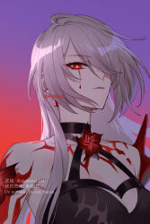 Rule 34 | 1girl, acheron (honkai: star rail), armor, armpit crease, black choker, blood, bloody tears, body markings, breasts, bright pupils, choker, cleavage, closed mouth, commentary request, criss-cross halter, earrings, english text, eyeshadow, gradient background, hair over one eye, halterneck, highres, honkai: star rail, honkai (series), jewelry, large breasts, long hair, looking at viewer, makeup, ojo aa, orange background, portrait, purple background, red eyes, red eyeshadow, serious, shoulder armor, single bare shoulder, solo, twitter username, very long hair, white hair, white pupils