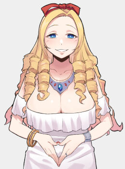 1girl blonde_hair blue_eyes blush bracelet breasts cleavage dress drill_hair grin highres jewelry large_breasts long_hair necklace nekonbini overlord_(maruyama) smile solo solution_epsilon strapless strapless_dress white_dress
