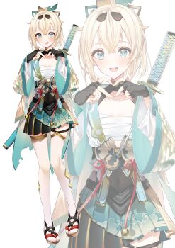 Rule 34 | 1girl, :d, absurdres, ahoge, aqua eyes, black gloves, black hairband, black shrug, blonde hair, breasts, chest sarashi, cleavage, commentary, crossed bangs, double-parted bangs, egasumi, fingerless gloves, four-finger heart hands, full body, gloves, green skirt, hair ornament, hairband, hakama, hakama short skirt, hakama skirt, haori, heart, heart hands, highres, hololive, japanese clothes, kazama iroha, kazama iroha (1st costume), leaf hair ornament, mamdtsubu, ootachi, open mouth, ponytail, sandals, sarashi, short hair, shrug (clothing), skin tight, skirt, small breasts, smile, sword, sword on back, tabi, teeth, thigh strap, thighhighs, untranslatable commentary, upper teeth only, virtual youtuber, weapon, weapon on back, white thighhighs, yellow haori, zoom layer, zouri