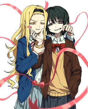 2girls aged_up black_hair black_headband blonde_hair blue_jacket bow bowtie brown_eyes brown_jacket cheek_pinching hand_in_pocket hashtag-only_commentary headband highres holding_another's_wrist jacket kirarazaka_marina kuze_shizuka lipan0926 long_hair long_sleeves multiple_girls neck_ribbon open_clothes open_jacket pinching red_bow red_bowtie red_ribbon ribbon shirt short_hair simple_background spoilers takopii_no_genzai teeth white_background white_shirt yellow_eyes yuri