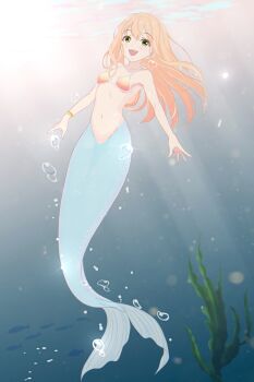 1girl :d absurdres air_bubble amagi_hoshi_(rinshi) armpits bare_shoulders bikini bikini_top_only blonde_hair blush breasts bubble cleavage collarbone commentary_request earrings full_body green_eyes hair_between_eyes hair_ornament hairclip highres jewelry long_hair looking_at_viewer mermaid monster_girl multiple_wristbands navel open_mouth orange_bikini original paid_reward_available rinshi seaweed sidelocks small_breasts smile solo starfish_earrings stomach swimsuit teeth underwater upper_teeth_only