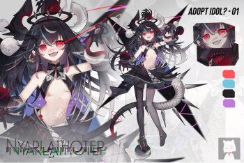 Rule 34 | 1girl, :d, asymmetrical horns, ball, bare shoulders, barefoot, black bow, black bra, black gloves, black halo, black horns, black pantyhose, black skirt, blue streaks, bow, bowtie, bra, breasts, character name, collared halterneck, color guide, crossed bangs, detached sleeves, fangs, frilled skirt, frills, full body, gloves, grey pantyhose, grey streaks, hair between eyes, hair bow, hair ornament, halo, hand up, head tilt, highres, holding, holding ball, horns, kuntou art, long hair, looking at viewer, mismatched horns, multicolored hair, navel, open hands, open mouth, original, pantyhose, pink streaks, red eyes, scar, scar on stomach, see-through clothes, see-through skirt, sidelocks, skirt, small breasts, smile, solo, standing, standing on one leg, stomach, streaked hair, tail, too many eyes, torn clothes, torn pantyhose, underboob, underwear, upper body, white horns, zoom layer